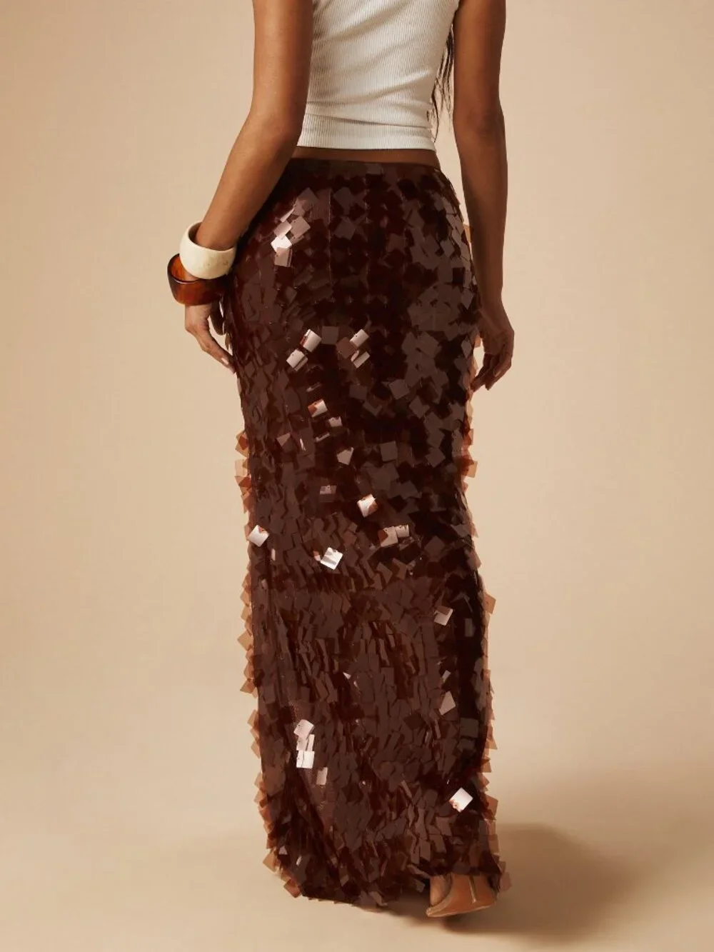 Brown Party Women's Sequin Split Thigh Bodycon Maxi Skirt